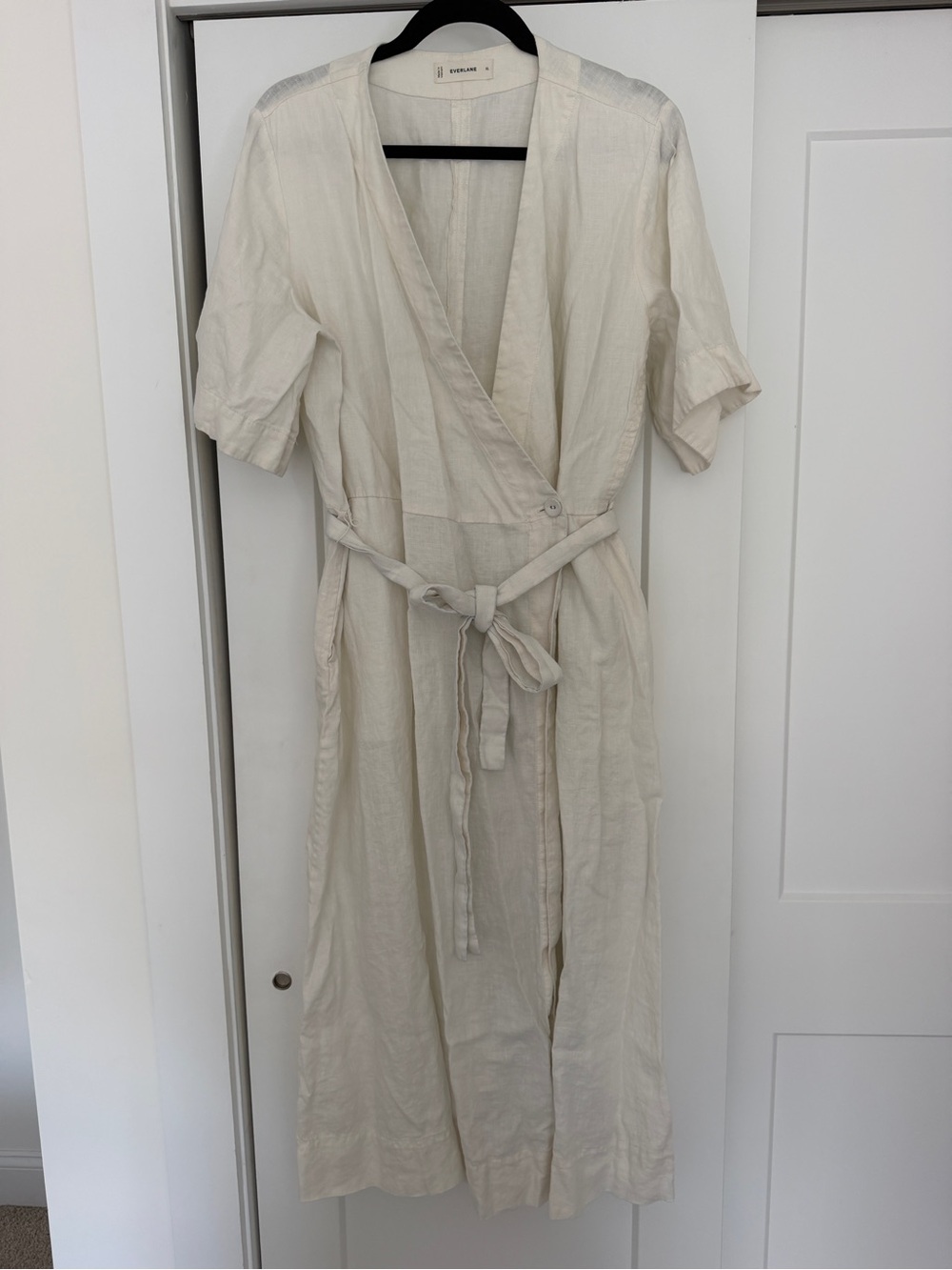 Everlane 100% Linen Cream Wrap Midi Dress with Self-Tie Belt